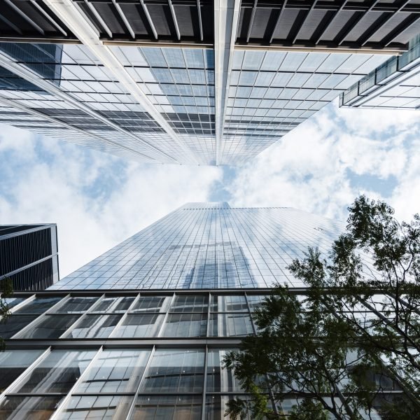 bottom-view-skyscrapers-sunny-day